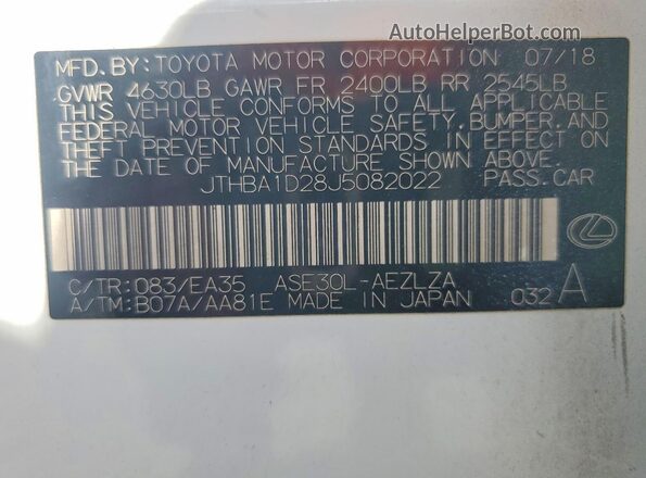 JTHBA1D28J5082022 2018 LEXUS IS White Widok naklejki z numerem VIN