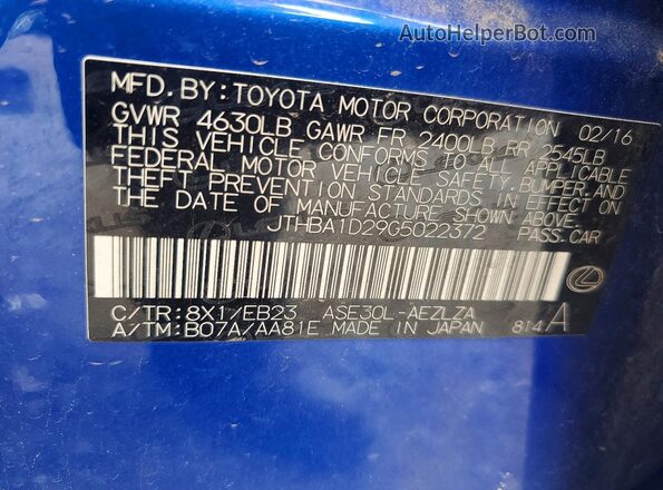 JTHBA1D29G5022372 2016 LEXUS IS Blue ძრავის განყოფილების ხედი