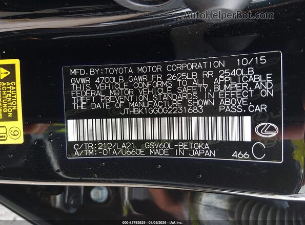 JTHBK1GG0G2231683 2016 LEXUS ES 350 Black Vista del compartimento del motor