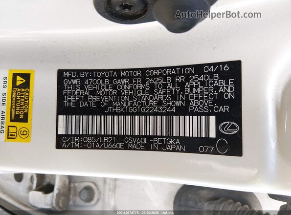 JTHBK1GG1G2243244 2016 LEXUS ES 350 White ძრავის განყოფილების ხედი