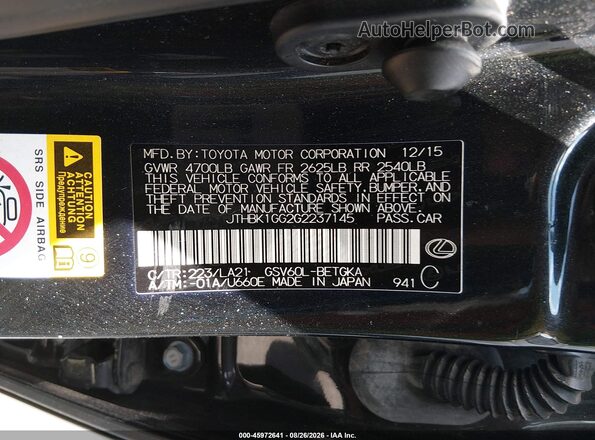 JTHBK1GG2G2237145 2016 LEXUS ES 350 Black Շարժիչի բաժամունքի տեսք