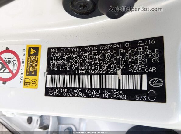 JTHBK1GG6G2240646 2016 LEXUS ES 350 White Vista del compartimento del motor
