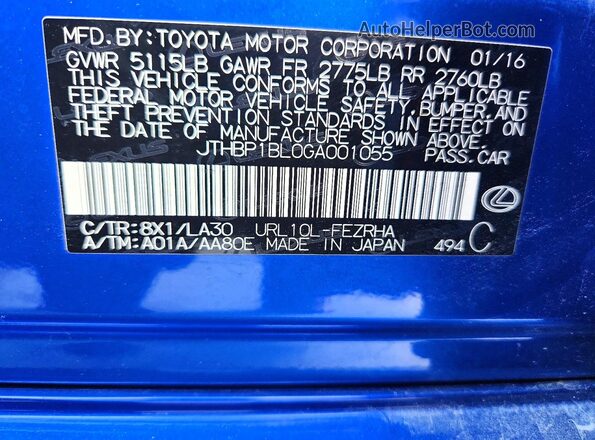 JTHBP1BL0GA001055 2016 LEXUS GS Blue Вид наклейки з VIN-кодом