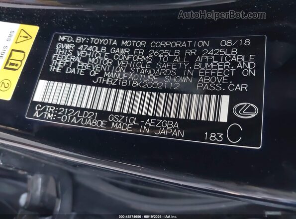JTHBZ1B18K2002112 2019 LEXUS ES 350 Черный Вид подкапотного пространства