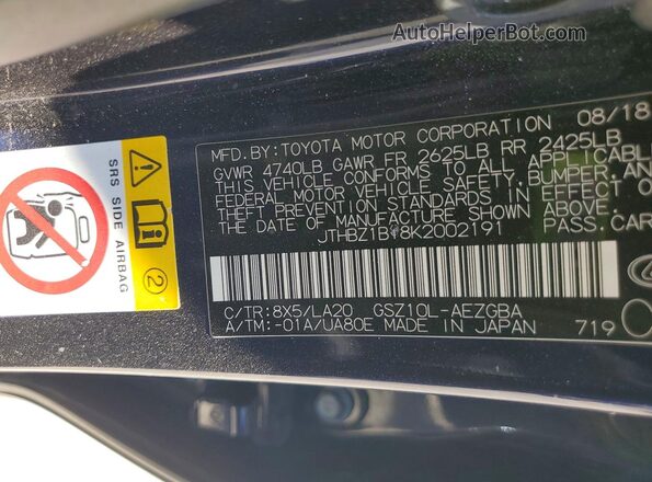 JTHBZ1B18K2002191 2019 LEXUS ES Blue VIN կոդի պիտակի տեսք