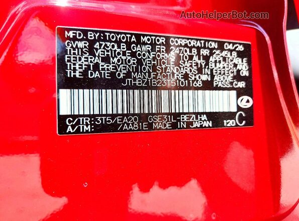 JTHBZ1B23T5101168 2026 LEXUS IS Red Vista de la etiqueta del VIN