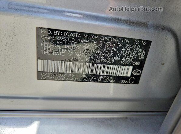 JTHBZ1BL2HA009959 2017 LEXUS GS Silver VIN კოდის სტიკერის ხედი