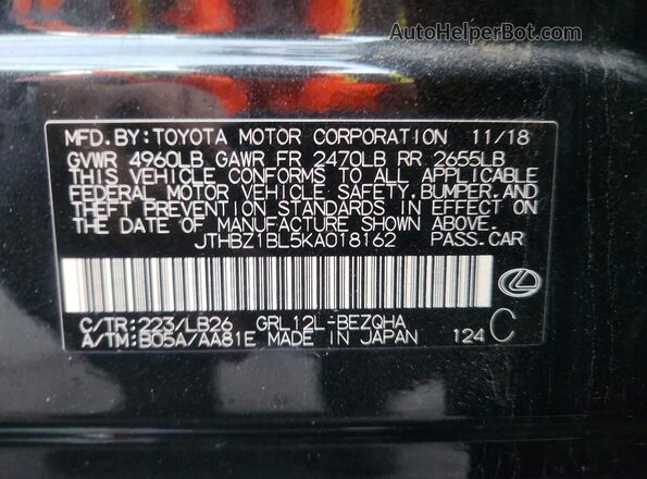 JTHBZ1BL5KA018162 2019 LEXUS GS Черный Вид наклейки с VIN-кодом