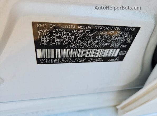 JTHC81D27K5035307 2019 LEXUS IS White Вид наклейки з VIN-кодом