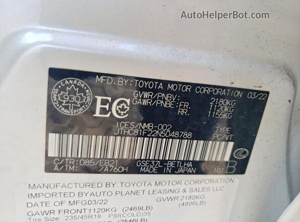 JTHC81F22N5048788 2022 LEXUS IS White Vista de la etiqueta del VIN