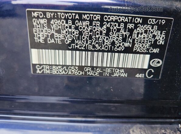 JTHCZ1BL3KA011649 2019 LEXUS GS Blue ძრავის განყოფილების ხედი