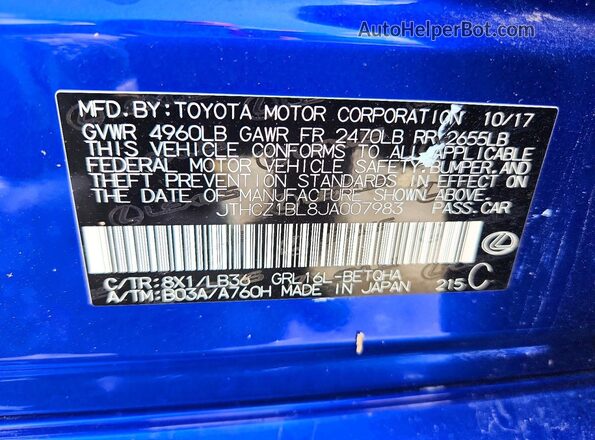 JTHCZ1BL8JA007983 2018 LEXUS GS Blue Vista del compartimento del motor