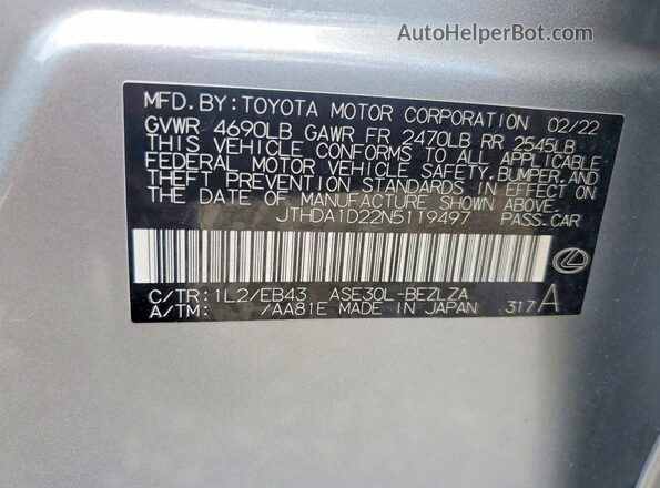 JTHDA1D22N5119497 2022 LEXUS IS Gray Widok naklejki z numerem VIN