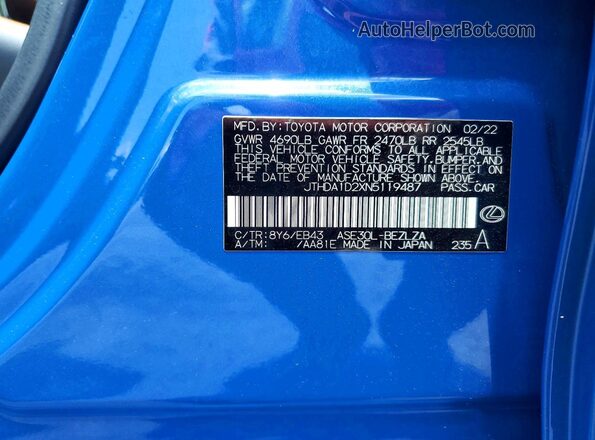 JTHDA1D2XN5119487 2022 LEXUS IS Blue Widok naklejki z numerem VIN