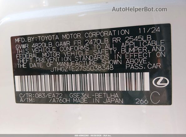 JTHGZ1E27S5038348 2025 LEXUS IS 350 White Շարժիչի բաժամունքի տեսք
