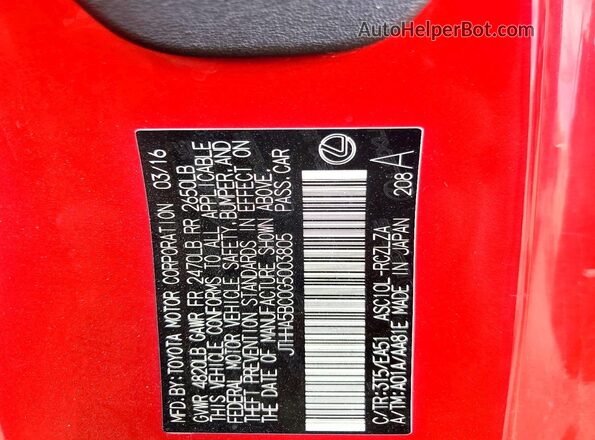 JTHHA5BC0G5003805 2016 LEXUS RC Red Widok naklejki z numerem VIN