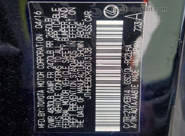 JTHHE5BC9G5013138 2016 LEXUS RC Black Vista de la etiqueta del VIN