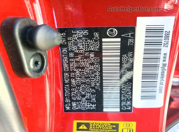JTHKD5BH8H2287101 2017 LEXUS CT Red Widok naklejki z numerem VIN