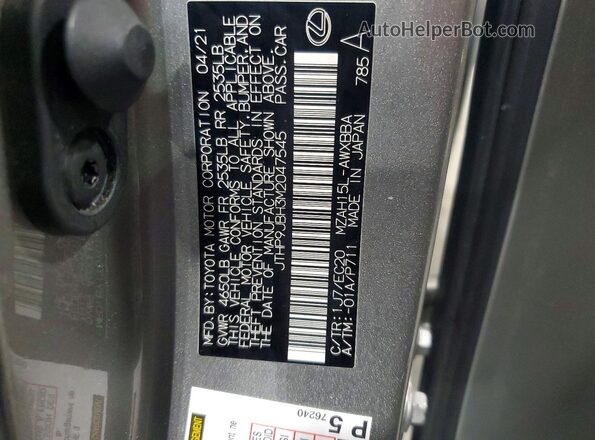 JTHP9JBH3M2047545 2021 LEXUS UX Silver Vista de la etiqueta del VIN