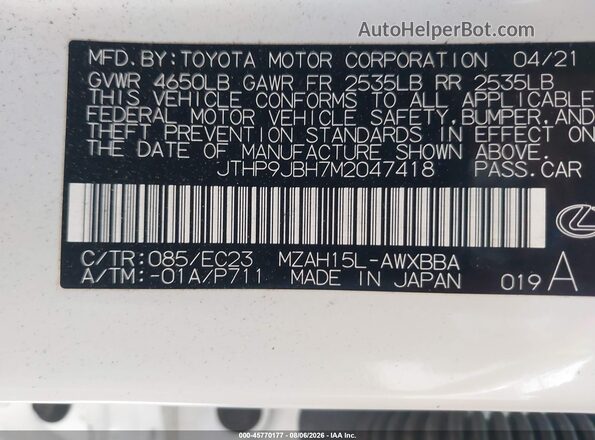 JTHP9JBH7M2047418 2021 LEXUS UX 250H White Engine compartment view