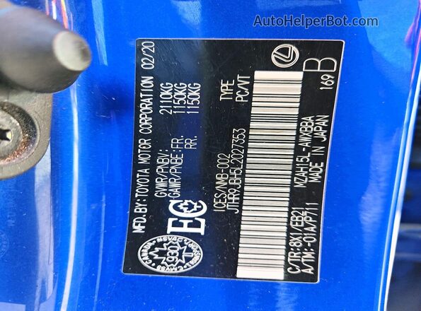 JTHR9JBH5L2027353 2020 LEXUS UX Синий Вид наклейки с VIN-кодом