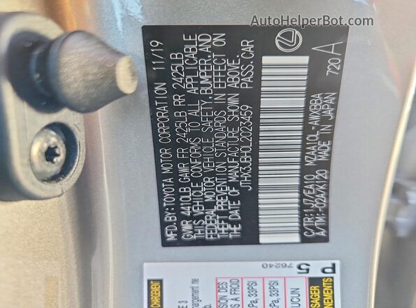 JTHX3JBH0L2023459 2020 LEXUS UX Silver Vista de la etiqueta del VIN