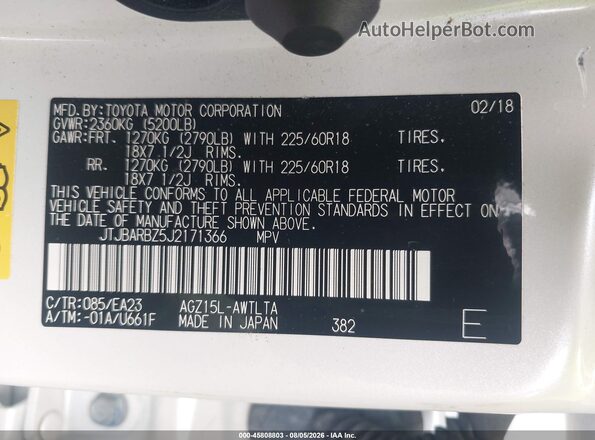 JTJBARBZ5J2171366 2018 LEXUS NX 300 White Widok komory silnika