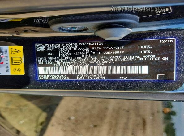 JTJBJRBZ3K2115802 2019 LEXUS NX Black Vista de la etiqueta del VIN