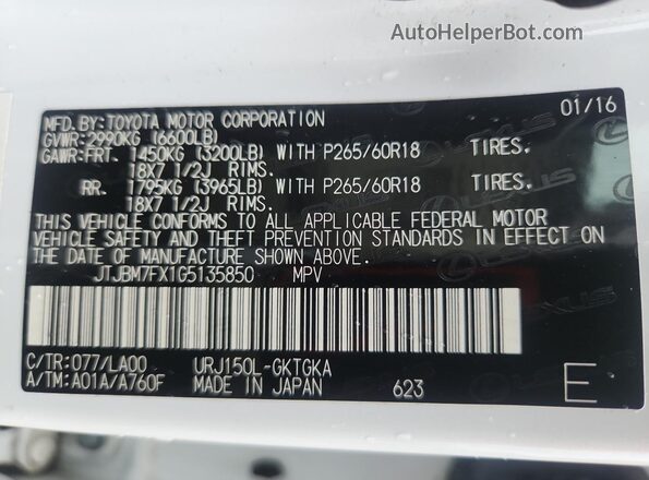 JTJBM7FX1G5135850 2016 LEXUS GX Белый Вид наклейки с VIN-кодом