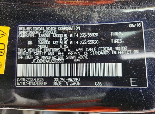 JTJBZMCAXJ2035531 2018 LEXUS RX Black VIN sticker view