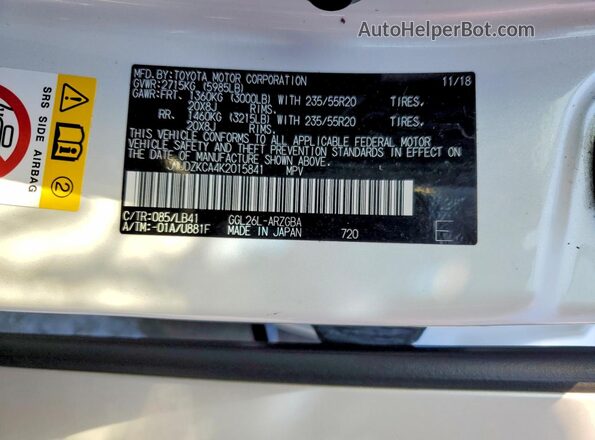 JTJDZKCA4K2015841 2019 LEXUS RX White VIN կոդի պիտակի տեսք