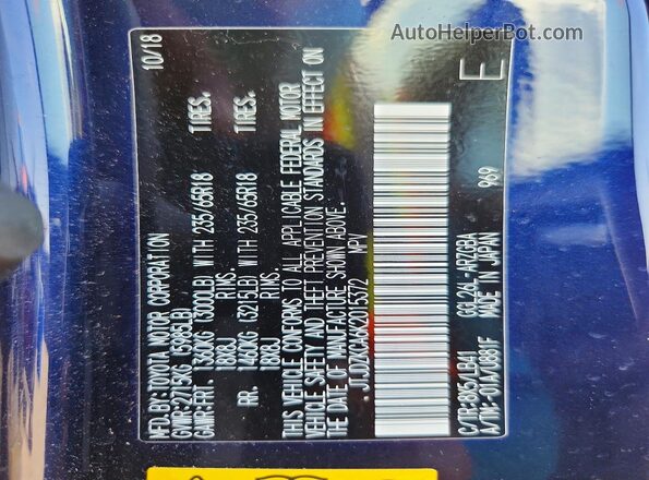 JTJDZKCA6K2015372 2019 LEXUS RX Blue VIN կոդի պիտակի տեսք