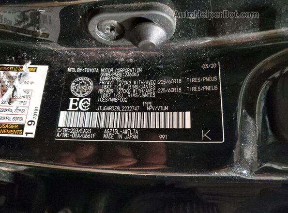 JTJGARDZ8L2232747 2020 LEXUS NX300 Black Вид наклейки з VIN-кодом