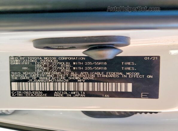 JTJSARBZ0M2188628 2021 LEXUS NX White VIN კოდის სტიკერის ხედი