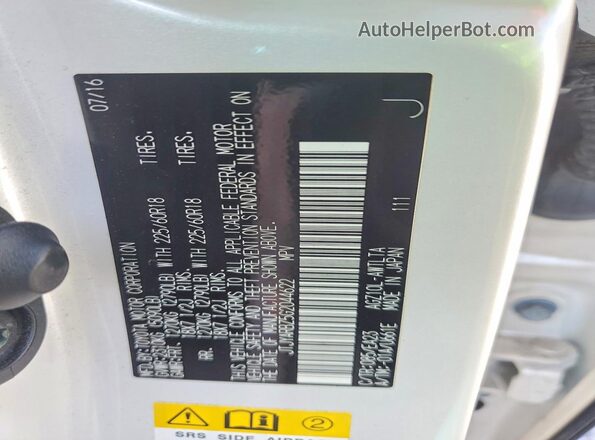 JTJYARBZ5G2044622 2016 LEXUS NX White Widok naklejki z numerem VIN