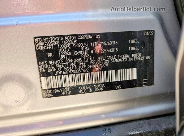 JTM16RFV2ND057892 2022 TOYOTA RAV4 Серебряный Панорамный вид салона 360°