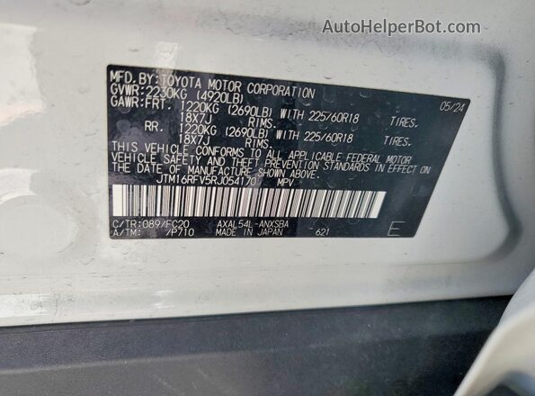 JTM16RFV5RJ054170 2024 TOYOTA RAV4 White Вид наклейки з VIN-кодом