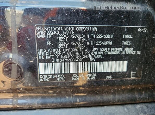JTM16RFV6ND064070 2022 TOYOTA RAV4 Black VIN sticker view