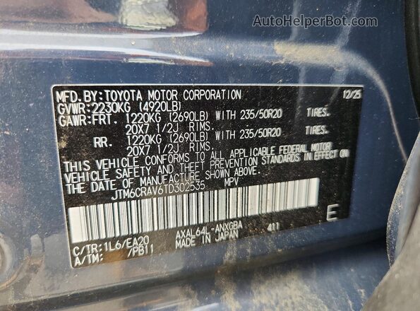 JTM6CRAV6TD302535 2026 TOYOTA RAV4 Blue Widok naklejki z numerem VIN