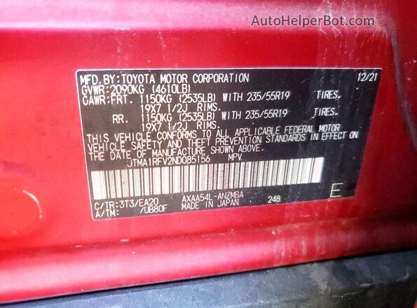 JTMA1RFV2ND085156 2022 TOYOTA RAV4 Red VIN კოდის სტიკერის ხედი