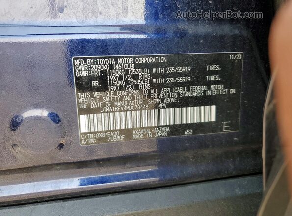 JTMA1RFV4MD078448 2021 TOYOTA RAV4 Blue VIN კოდის სტიკერის ხედი