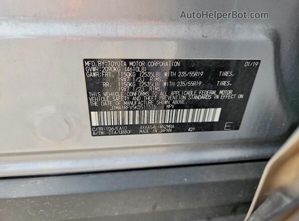 JTMA1RFV5KD511515 2019 TOYOTA RAV4 Silver Widok naklejki z numerem VIN