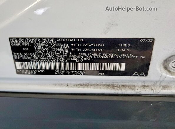 JTMAAAAA4PA019864 2023 TOYOTA BZ4X White Widok naklejki z numerem VIN