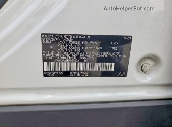 JTMAAAAA6RA039522 2024 TOYOTA BZ4X Белый Вид наклейки с VIN-кодом