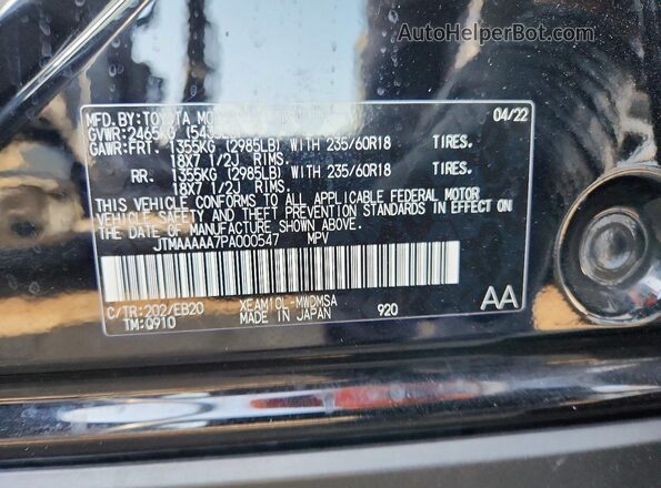 JTMAAAAA7PA000547 2023 TOYOTA BZ4X Черный Вид наклейки с VIN-кодом