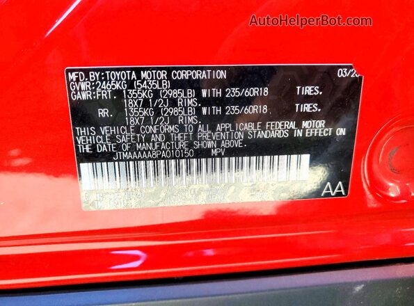 JTMAAAAA8PA010150 2023 TOYOTA BZ4X Red Вид наклейки з VIN-кодом