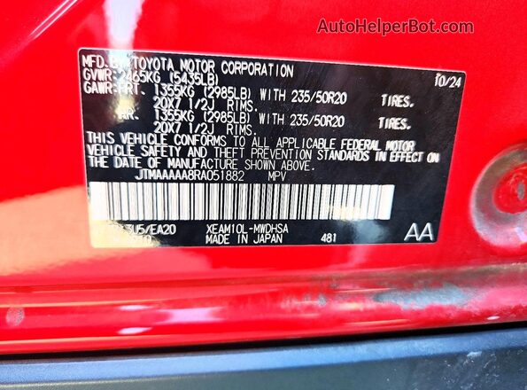 JTMAAAAA8RA051882 2024 TOYOTA BZ4X Red VIN კოდის სტიკერის ხედი