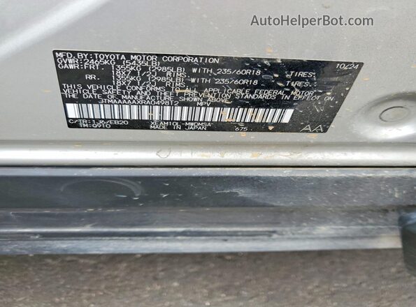 JTMAAAAAXRA049812 2024 TOYOTA BZ4X Silver VIN կոդի պիտակի տեսք