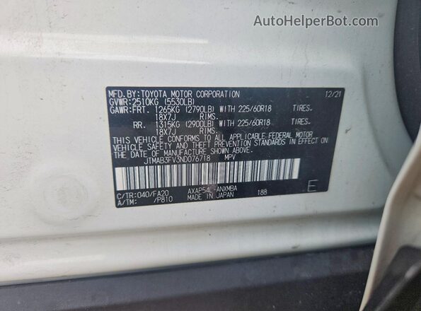 JTMAB3FV3ND076718 2022 TOYOTA RAV4 White Widok naklejki z numerem VIN