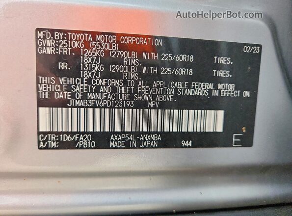 JTMAB3FV6PD123193 2023 TOYOTA RAV4 Silver VIN sticker view